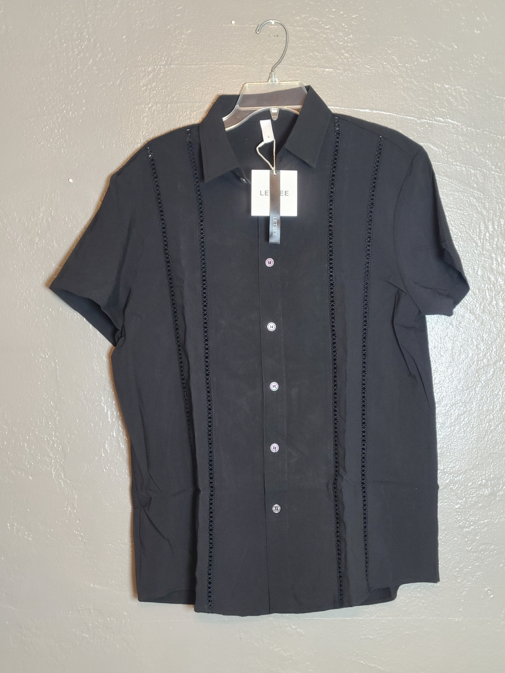 Letsee Black Short Sleeve Cuban  Guayabera Button-Up Shirt - Men's Casual Large - Picture 2 of 11